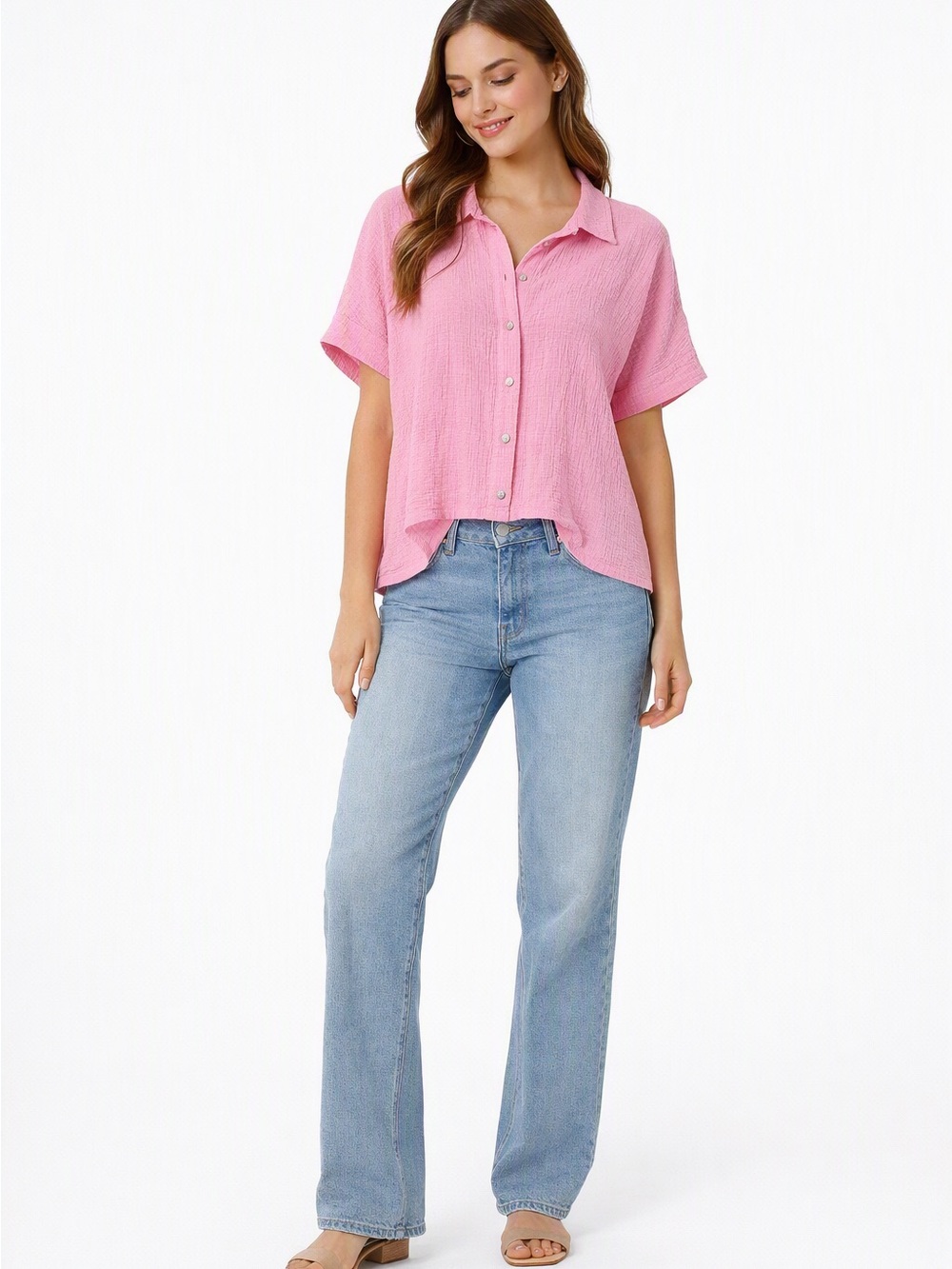 Pink Gauzy Cotton Button-Up Short Sleeve Shirt